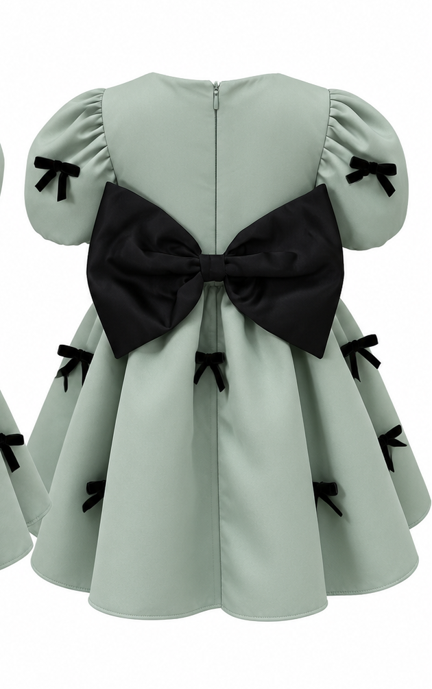 Sage Green Satin Puff-Sleeve Dress with Black Bows