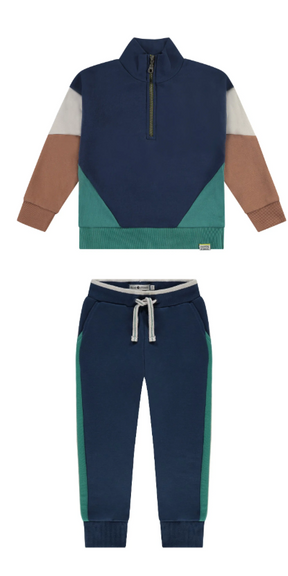 BabyFace  Blue Color Block Sweatshirt&Sweatpant Set