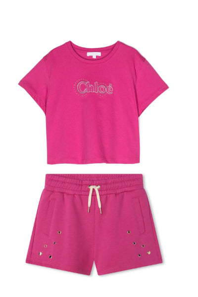 Chloé Girls Magenta Pink Embroidered Cotton T-Shirt/short set
