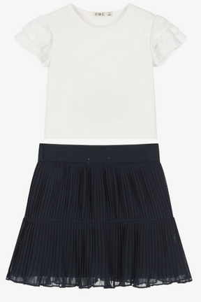 EMC Girls Ivory Cotton T-Shirt& Navy Blue skirt set
