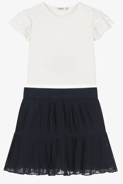 EMC Girls Ivory Cotton T-Shirt& Navy Blue skirt set