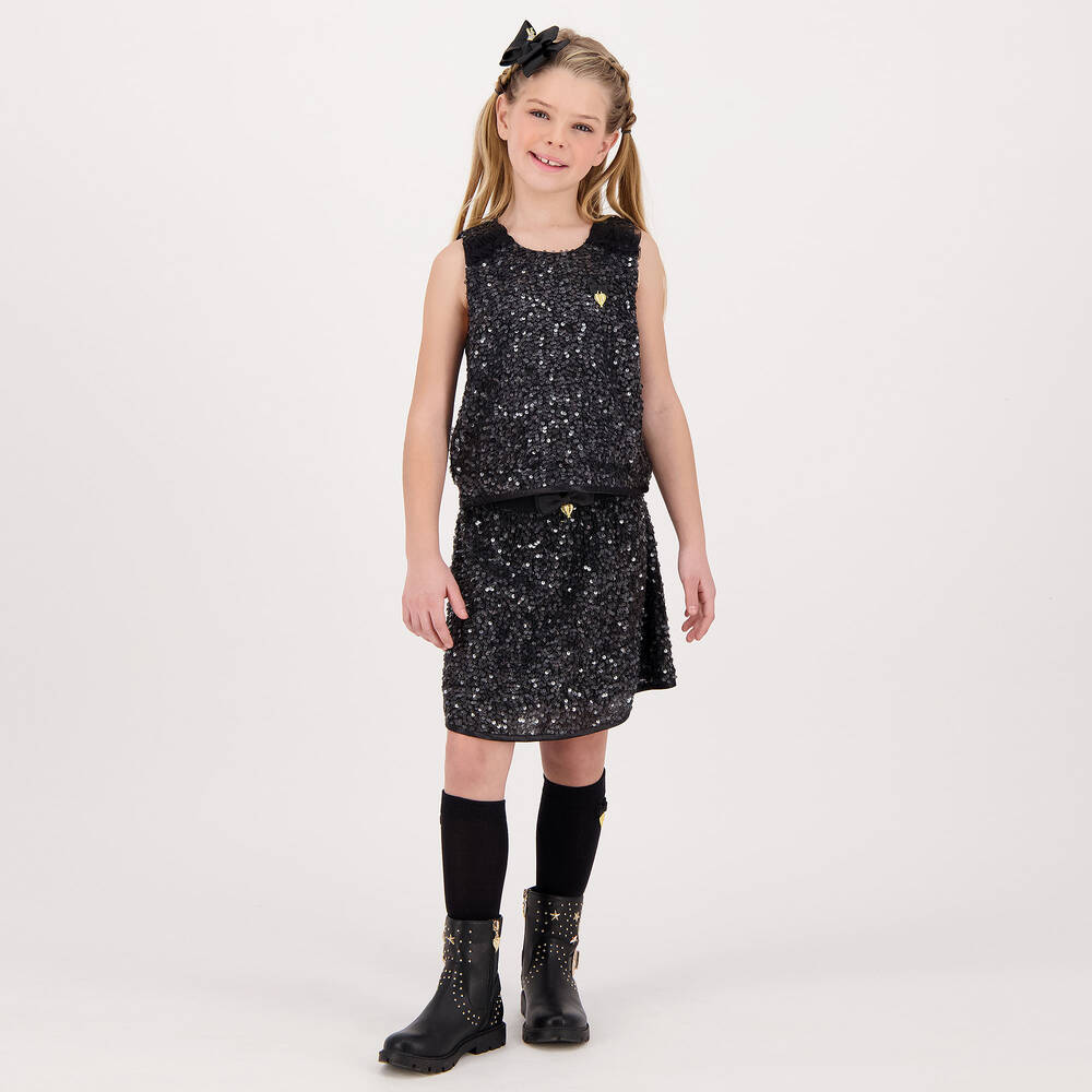 Angel's Face Girls Black Sequinned Sleeveless Top&Skirt Set