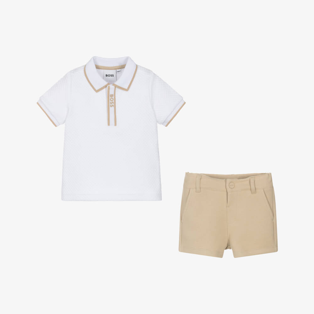 NEW!!  BOSS Baby Boys Beige Cotton Polo Shirt & Shorts Gift Set