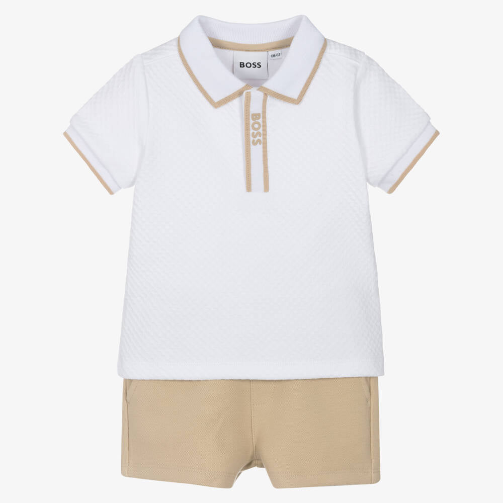 NEW!!  BOSS Baby Boys Beige Cotton Polo Shirt & Shorts Gift Set