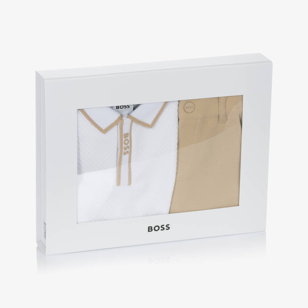 NEW!!  BOSS Baby Boys Beige Cotton Polo Shirt & Shorts Gift Set