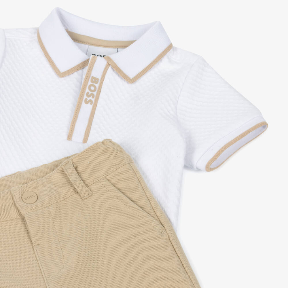 NEW!!  BOSS Baby Boys Beige Cotton Polo Shirt & Shorts Gift Set