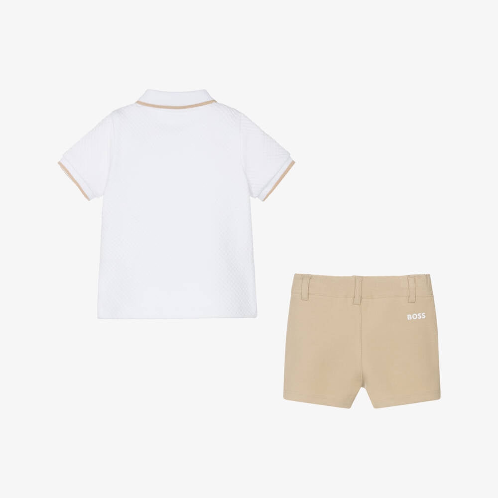 NEW!!  BOSS Baby Boys Beige Cotton Polo Shirt & Shorts Gift Set