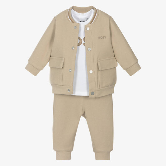 NEW!! BOSS Baby Boys Beige Cotton Tracksuit Set