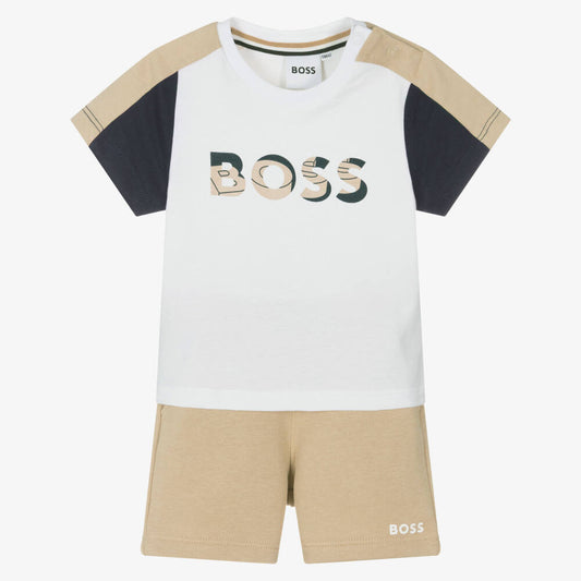 NEW!!  BOSS Boys Beige Cotton Jersey Shorts Set