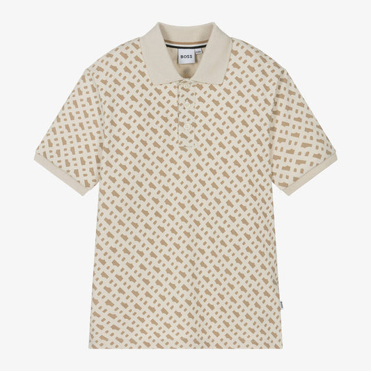 NEW!!  BOSS Boys Beige Monogram Cotton Polo Shirt