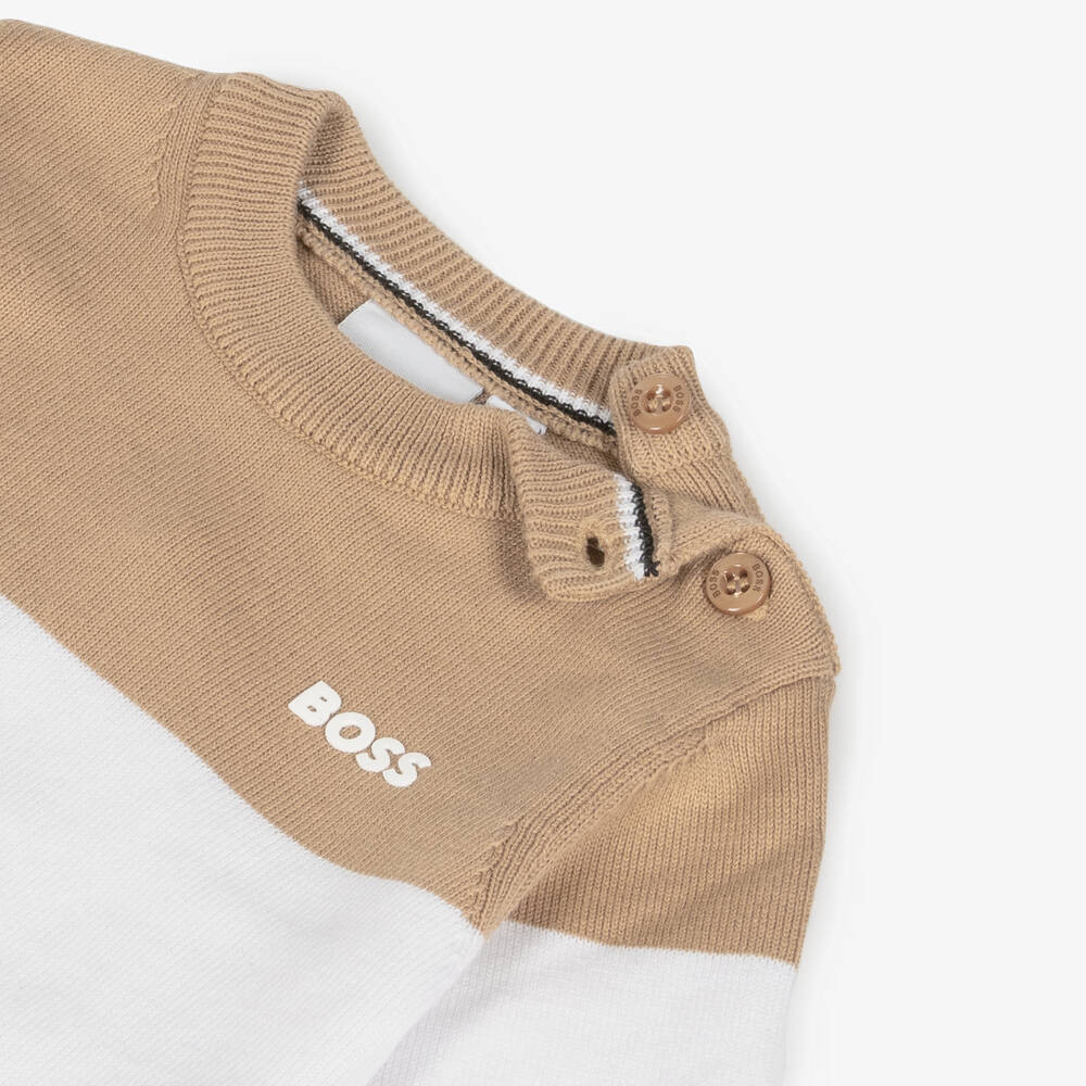 NEW!    BOSS Boys Beige Striped Cotton Knit Sweater