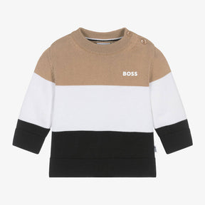 NEW!    BOSS Boys Beige Striped Cotton Knit Sweater