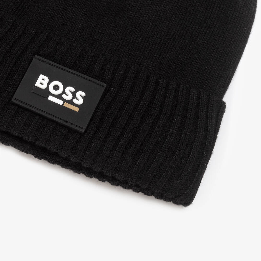 BOSS Boys Black Knitted Beanie Hat