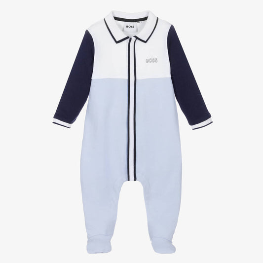 NEW!! BOSS Boys Blue & White Collared Cotton Babygrow