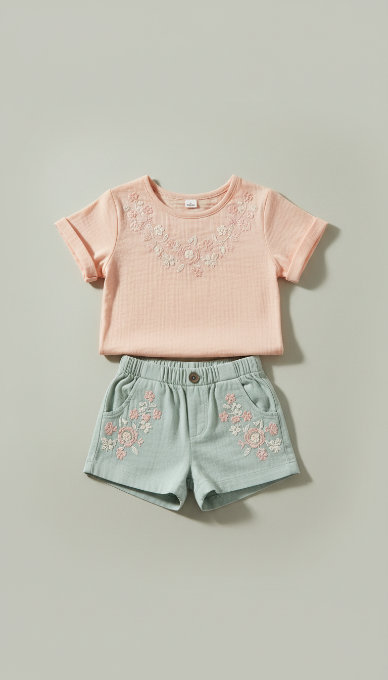 Powder Peach Embroidered Cotton Tee & Sage Shorts Set