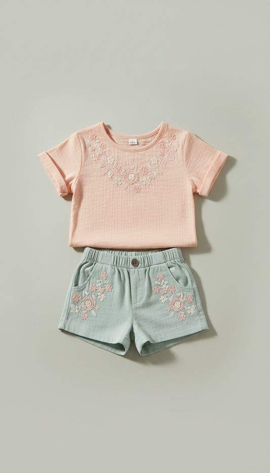 Powder Peach Embroidered Cotton Tee & Sage Shorts Set