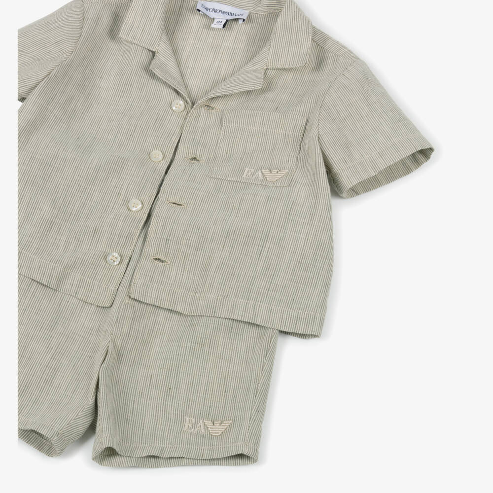 NEW!!  Emporio Armani Green Striped Cotton & Linen Shorts Set