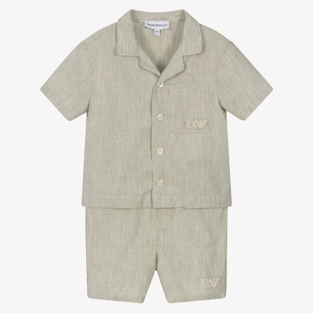 NEW!!  Emporio Armani Green Striped Cotton & Linen Shorts Set