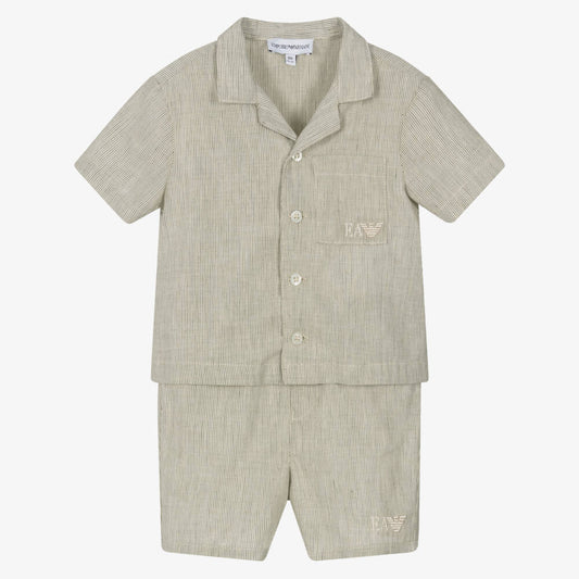 NEW!!  Emporio Armani Green Striped Cotton & Linen Shorts Set