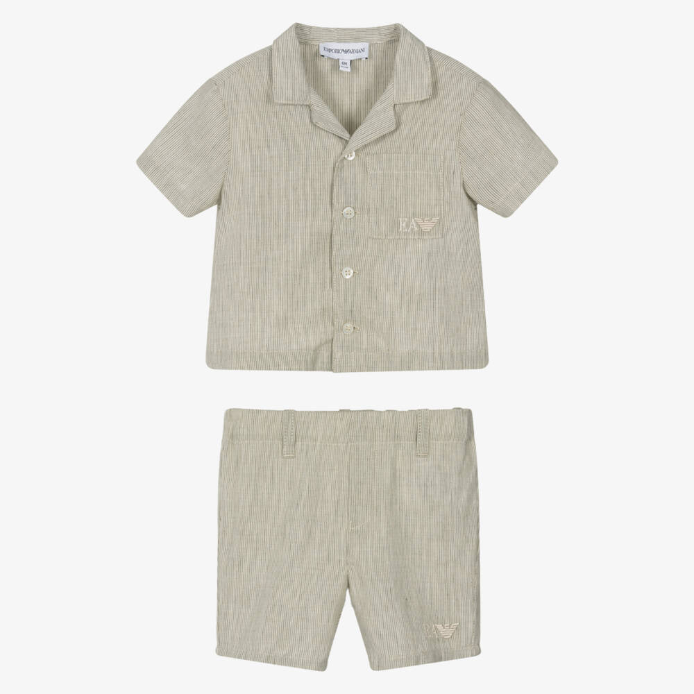 NEW!!  Emporio Armani Green Striped Cotton & Linen Shorts Set