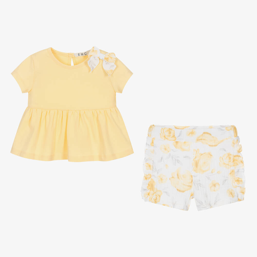 EMC Girls Yellow Cotton Floral Shorts Set