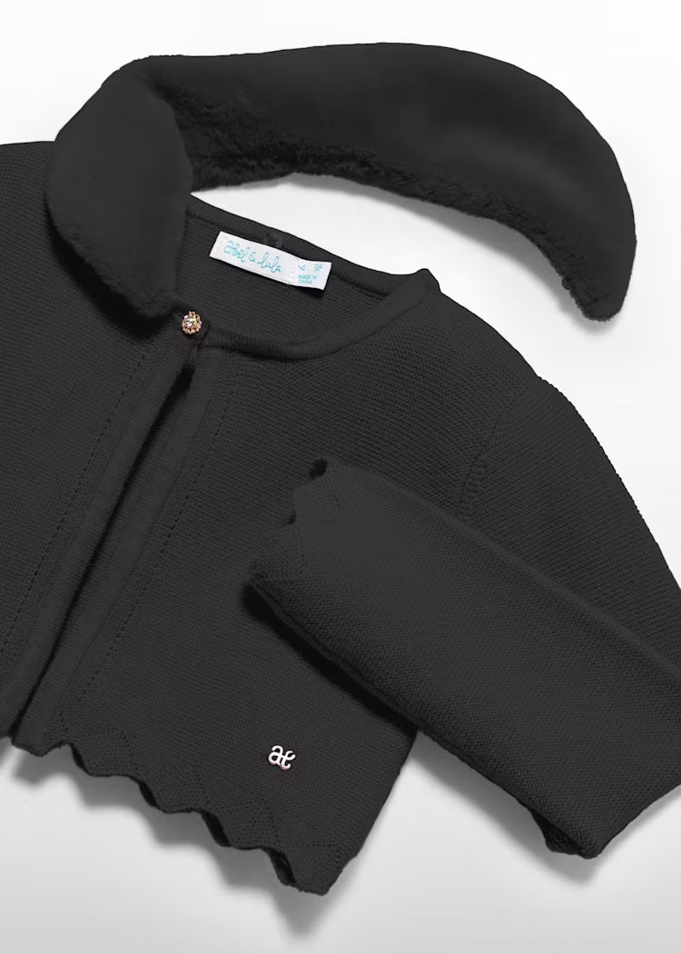 Abel & Lula - Girl Black Knit Cardigan with Faux Fur Collar