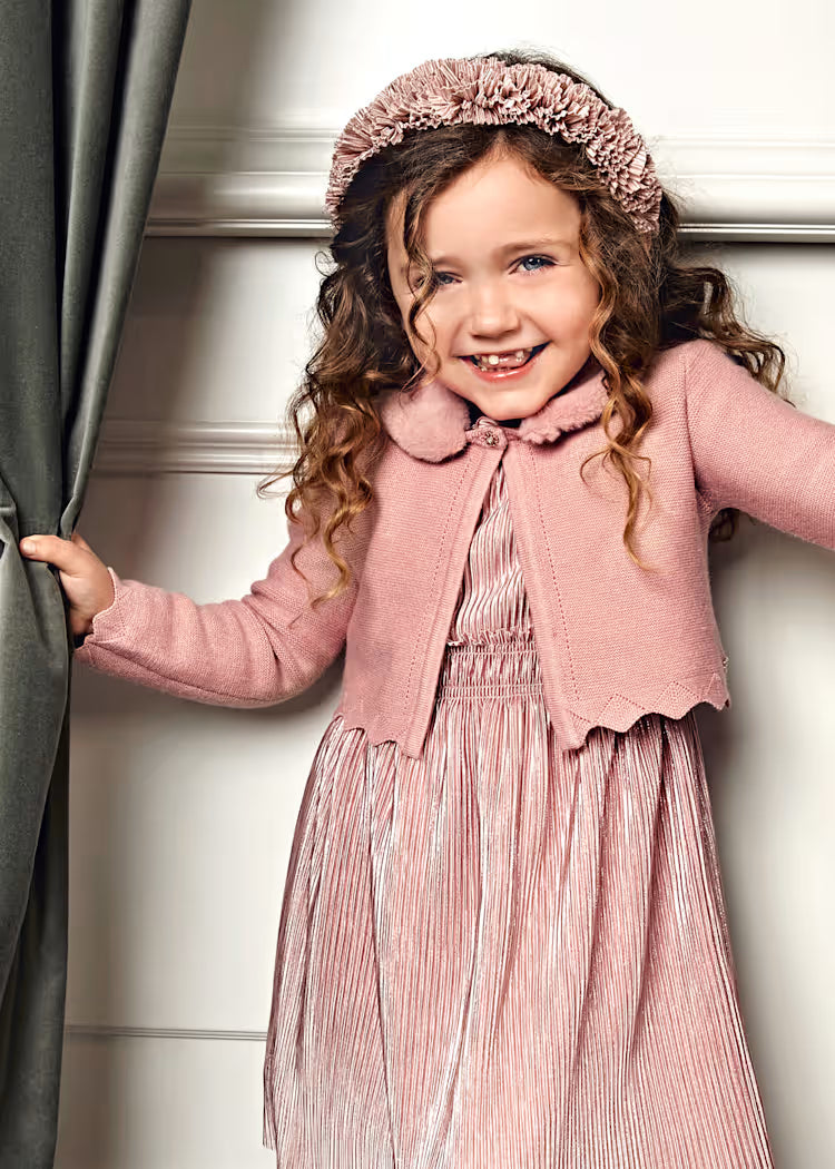 Abel & Lula - Girl Pink Knit Cardigan with Faux Fur Collar