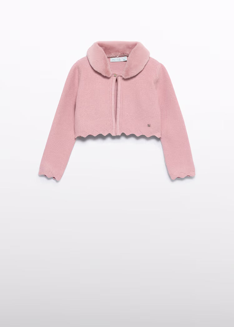 Abel & Lula - Girl Pink Knit Cardigan with Faux Fur Collar