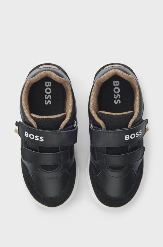 NEW!! BOSS Boys Black Leather Low-Top Trainers