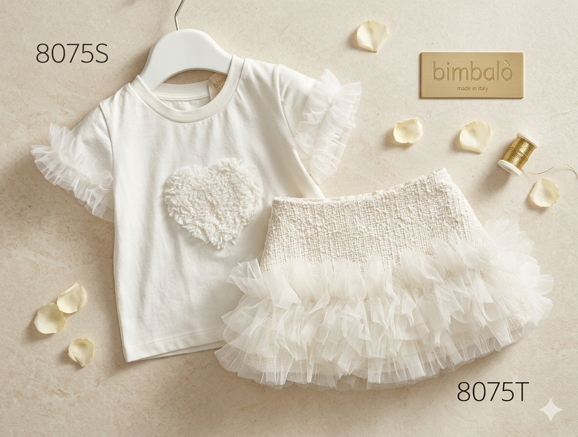 A baby girl's two-piece outfit set featuring a white short-sleeve top with ruffle trim and a textured heart applique, paired with a white ruffled tutu skirt. The set is styled on a beige textured background with decorative rose petals, a gold spool of thread, and a gold brand tag reading 'bimbaló made in Italy'.