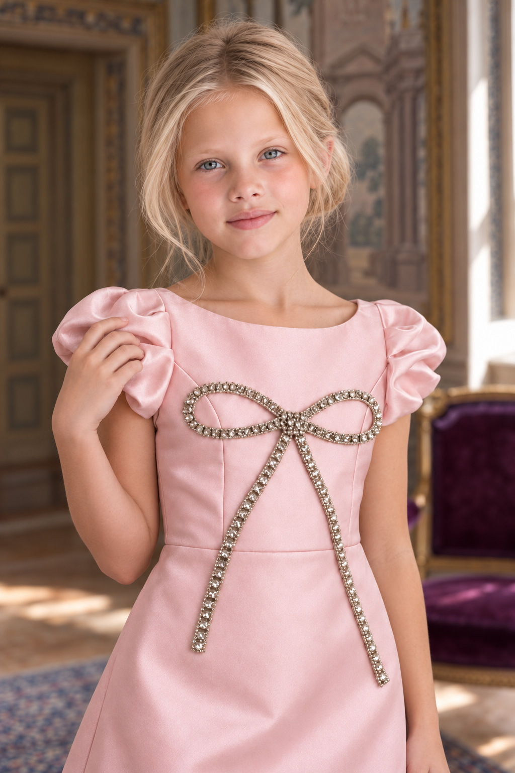 The Diana Dress - Classic Rose Gold Satin Gown with Crystal Bow