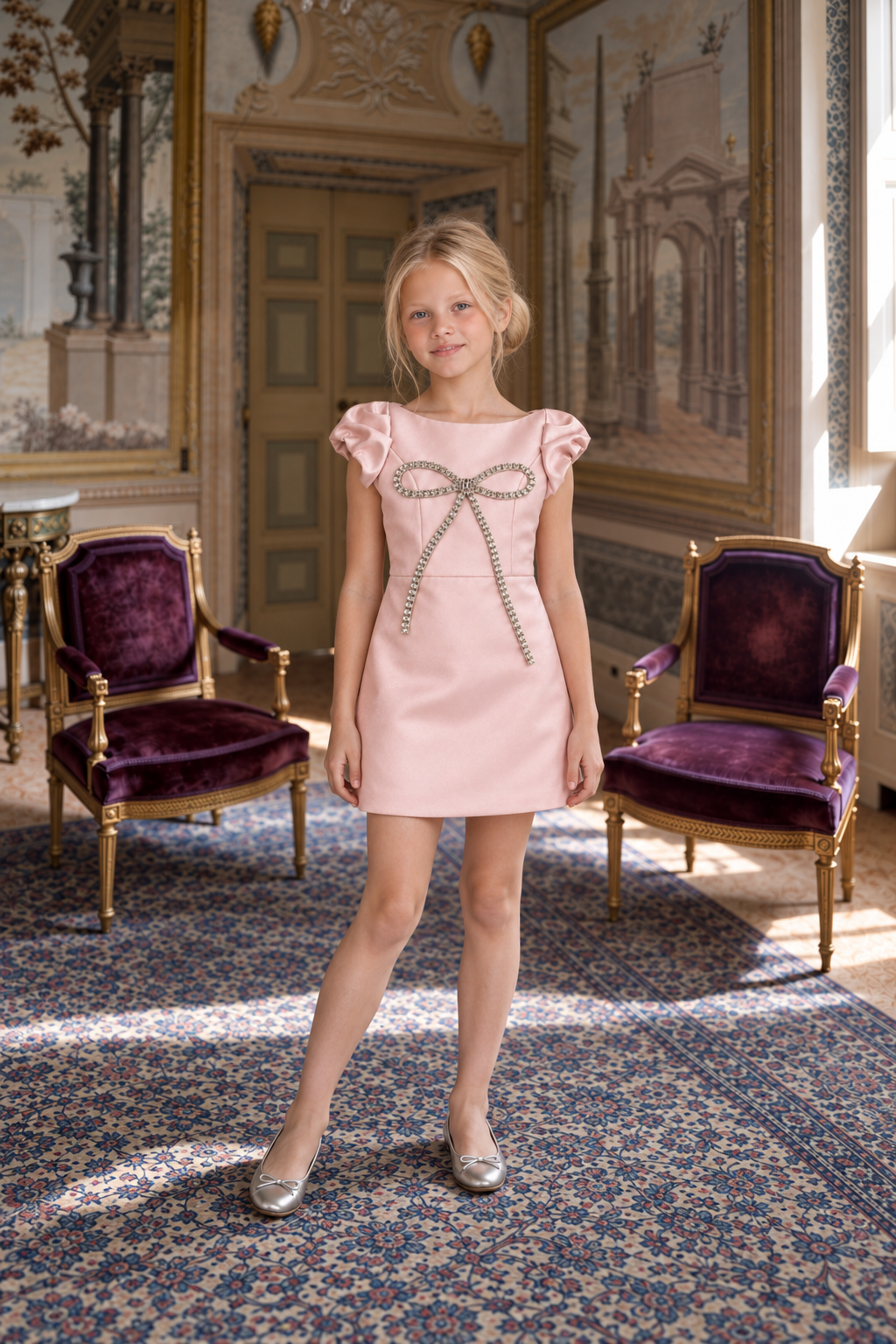 The Diana Dress - Classic Rose Gold Satin Gown with Crystal Bow
