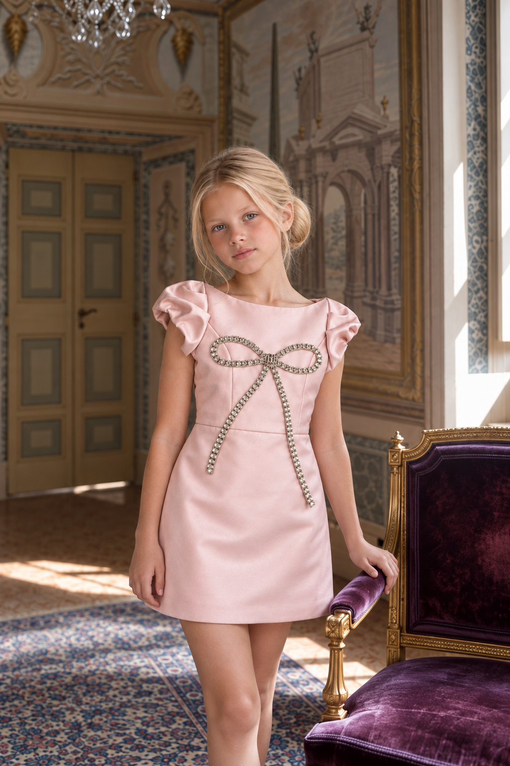 The Diana Dress - Classic Rose Gold Satin Gown with Crystal Bow