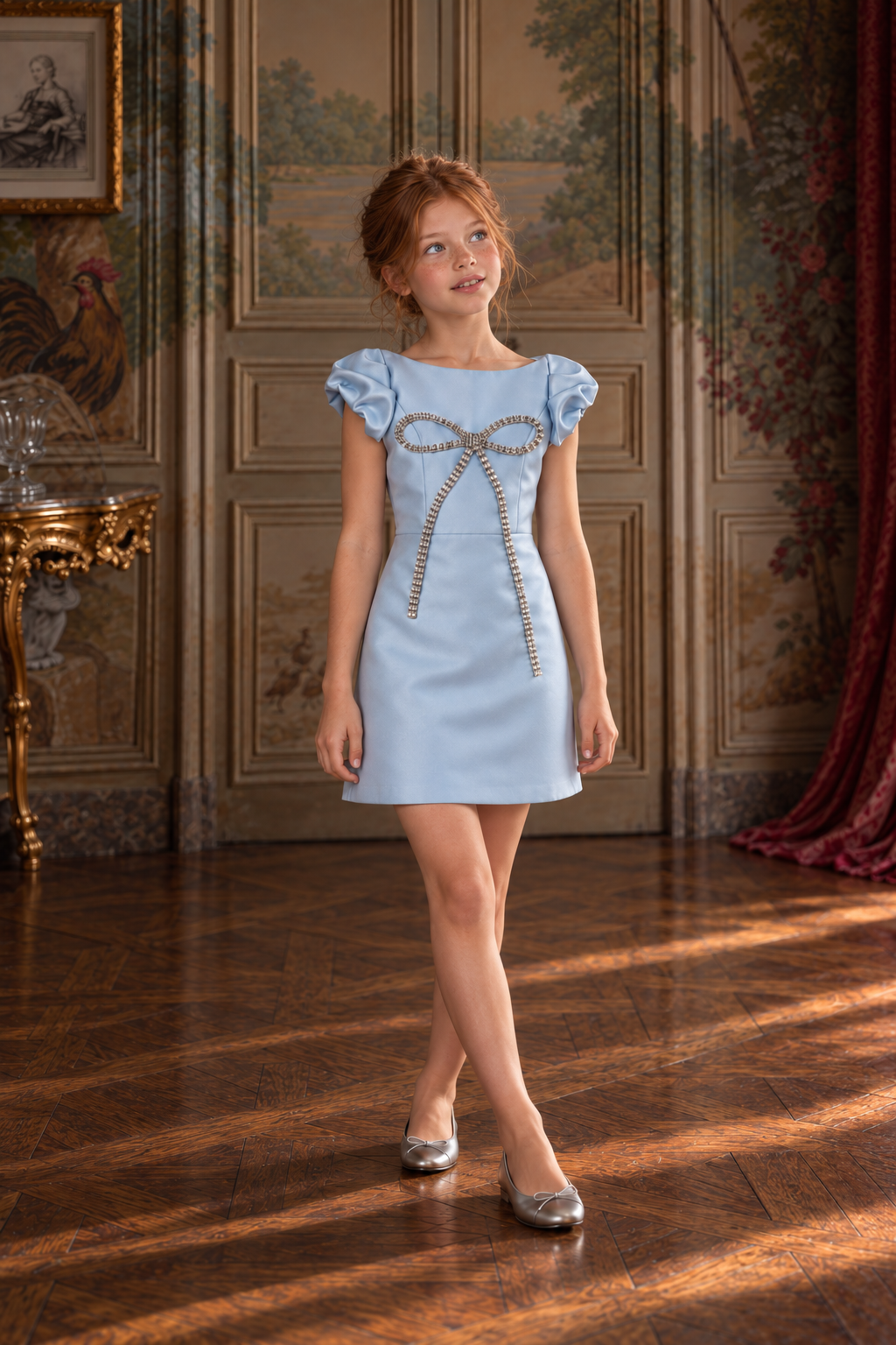 The Diana Dress - Classic Sky Blue Satin Gown with Crystal Bow