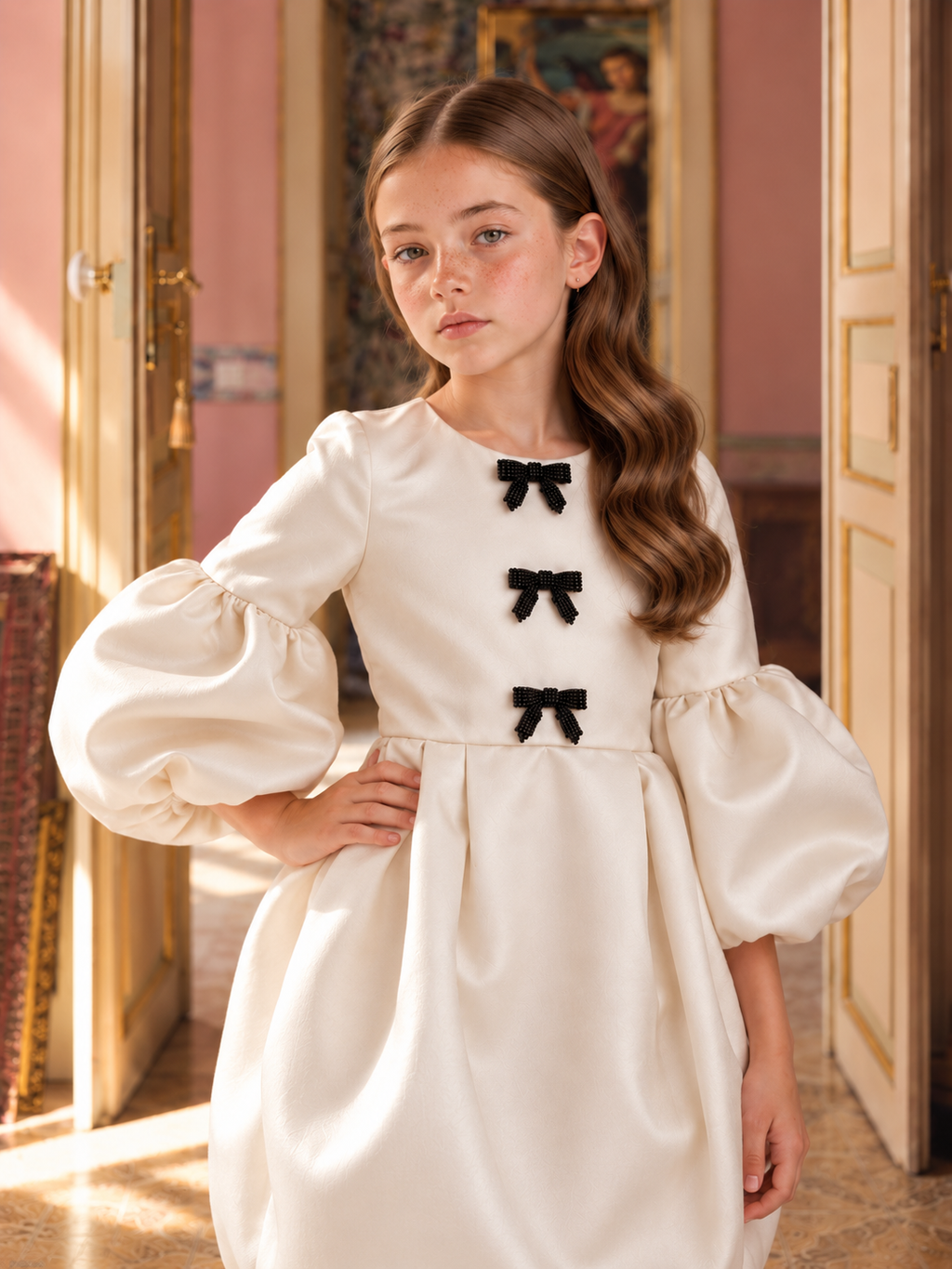 The Victoria Gown - Ivory Elegant Puff Sleeve Bubble Hem Party Dress