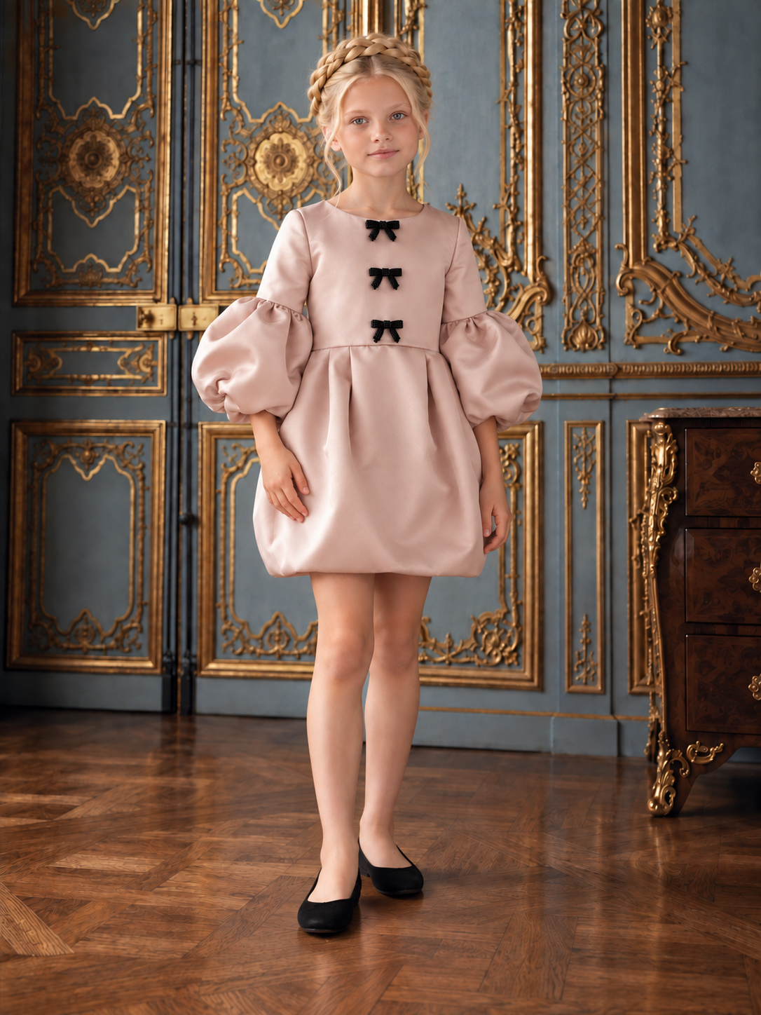 The Victoria Gown - Rose Gold Elegant Puff Sleeve Bubble Hem Party Dress