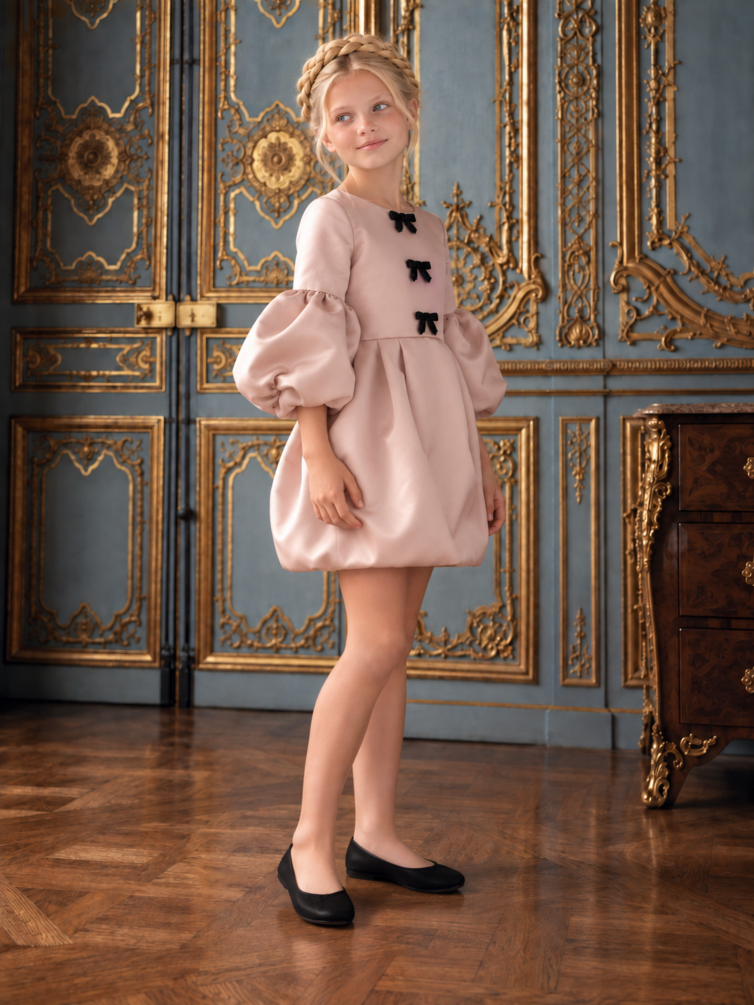 The Victoria Gown - Rose Gold Elegant Puff Sleeve Bubble Hem Party Dress