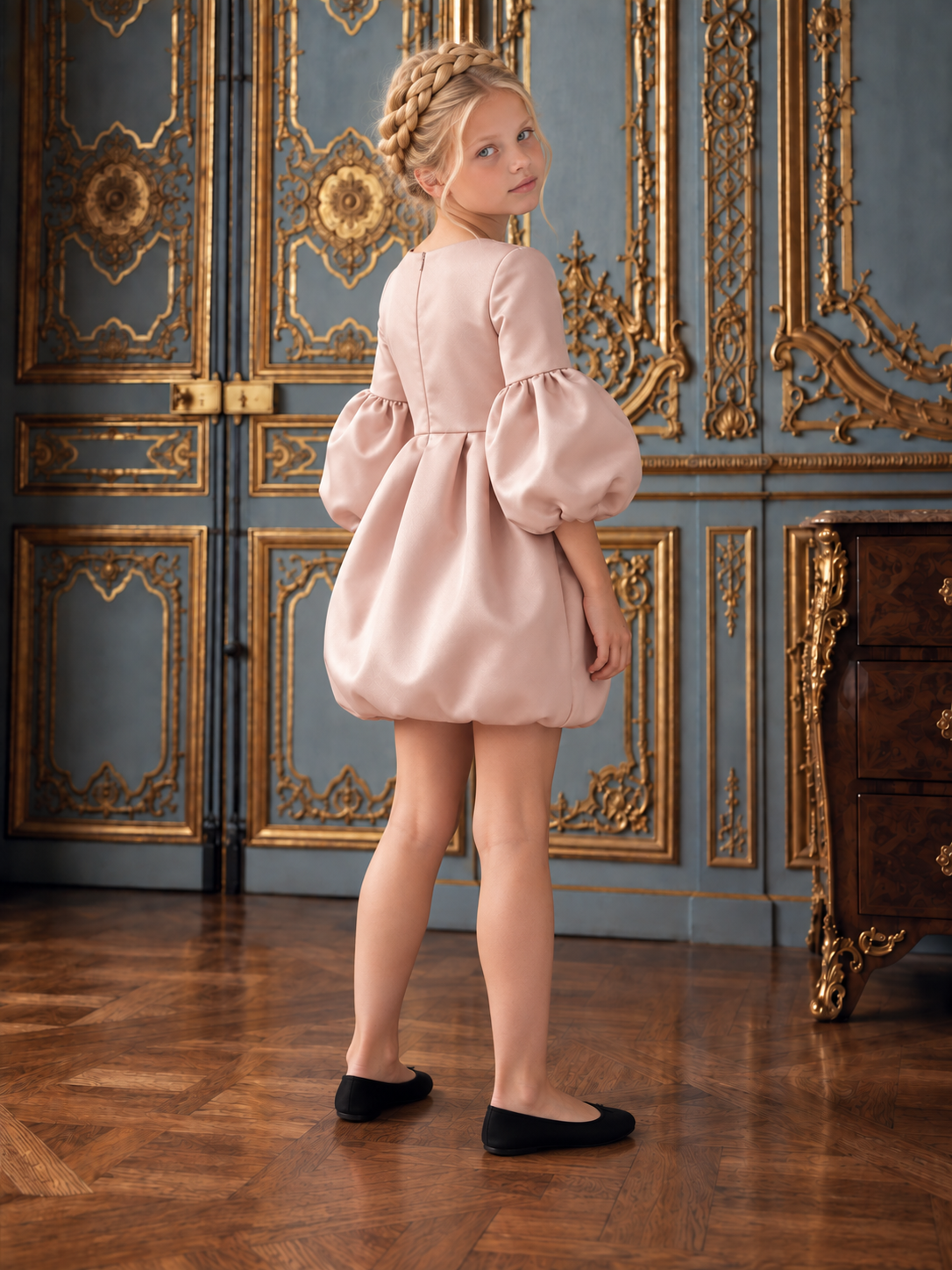 The Victoria Gown - Rose Gold Elegant Puff Sleeve Bubble Hem Party Dress
