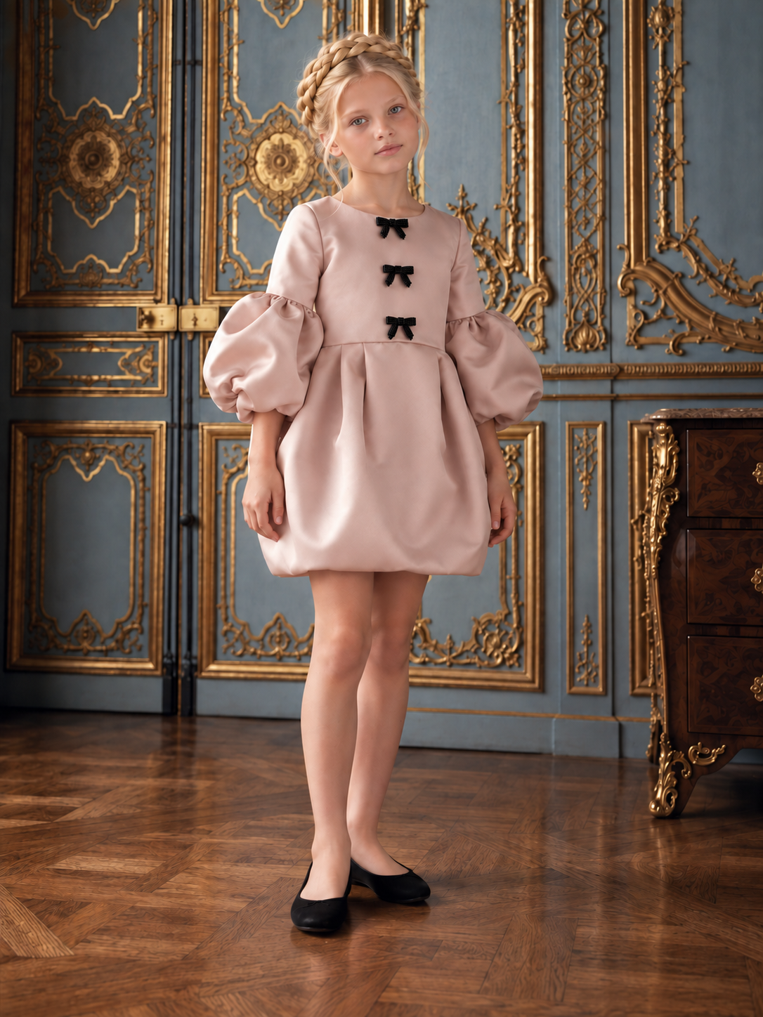 The Victoria Gown - Rose Gold Elegant Puff Sleeve Bubble Hem Party Dress