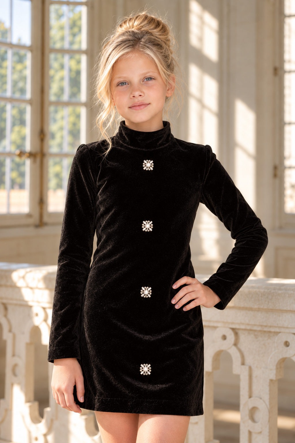The Brigitte Gown - Black Velvet High-Neck Dress with Crystal Buttons