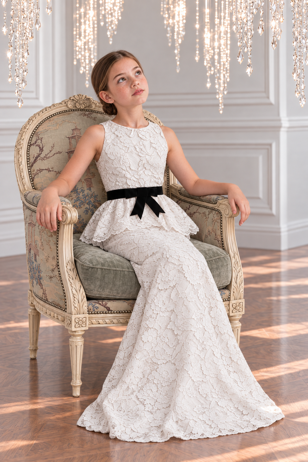 The Celine Gown - White Lace Peplum Maxi Dress with Velvet Bow