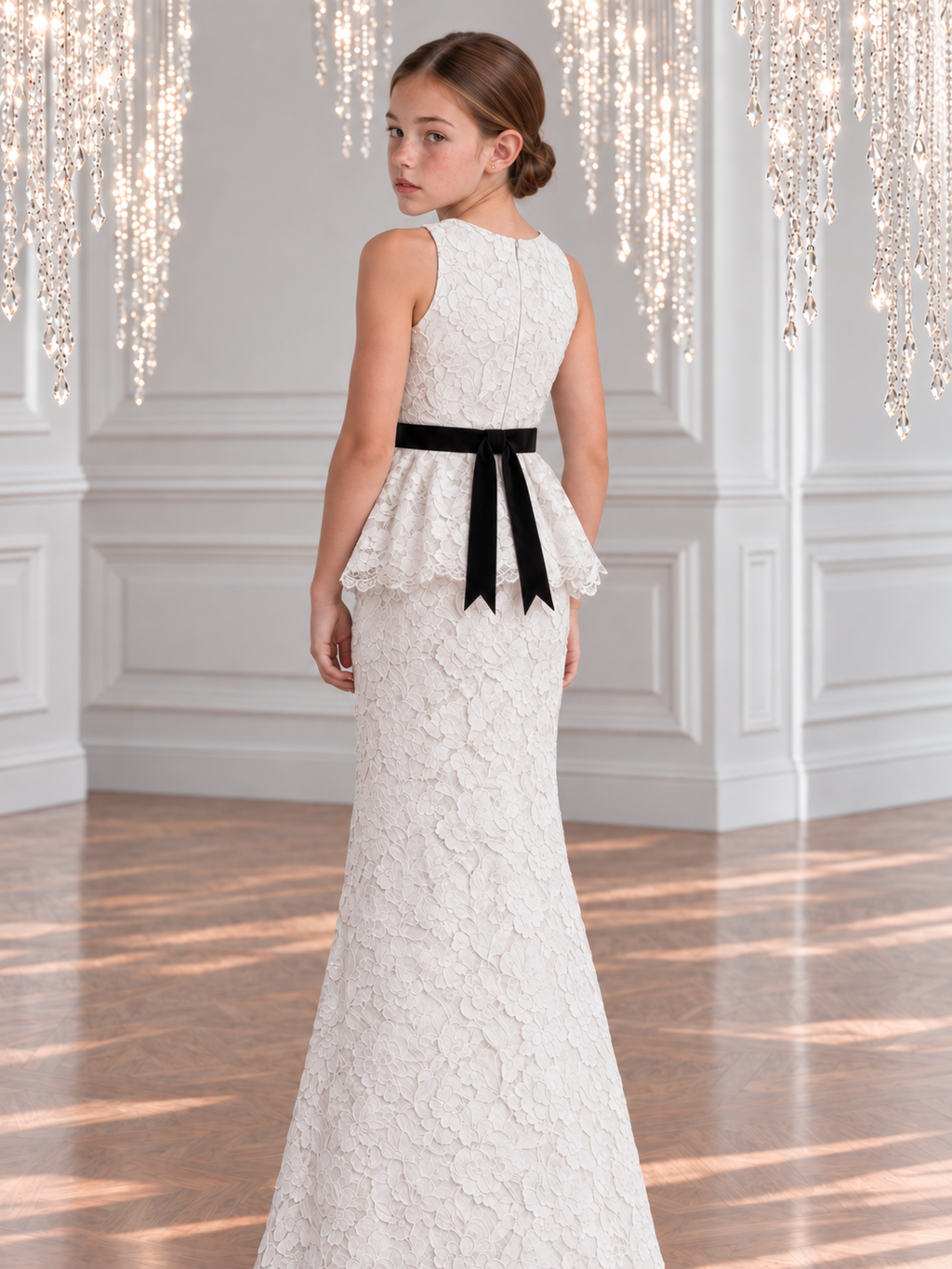 The Celine Gown - White Lace Peplum Maxi Dress with Velvet Bow