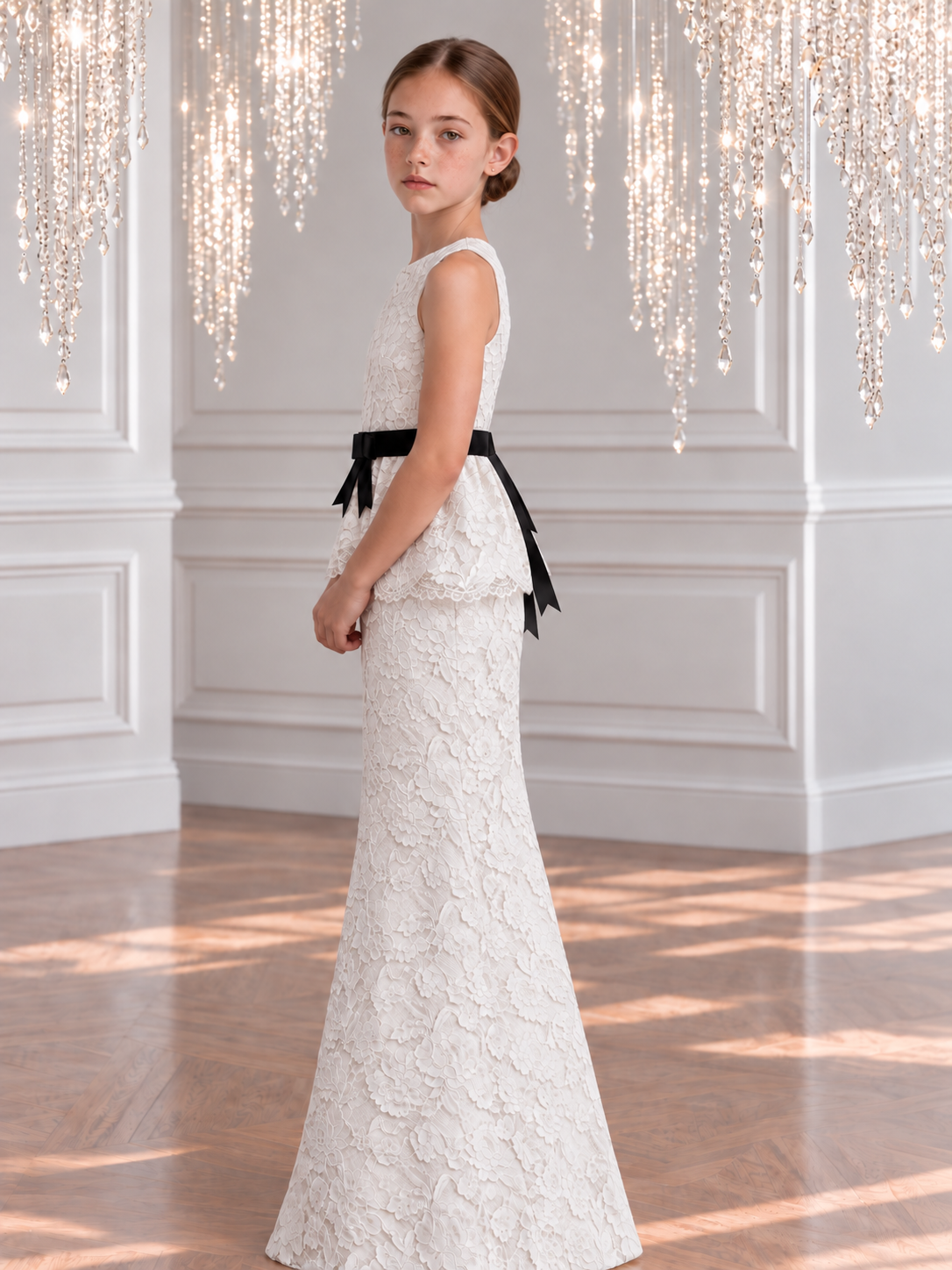 The Celine Gown - White Lace Peplum Maxi Dress with Velvet Bow