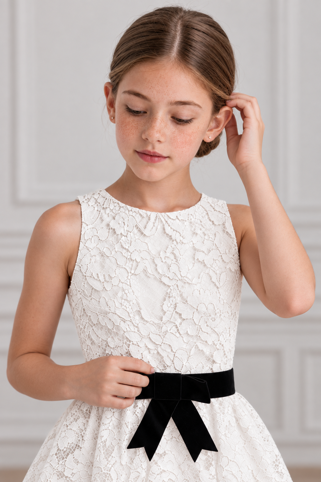 The Celine Gown - White Lace Peplum Maxi Dress with Velvet Bow