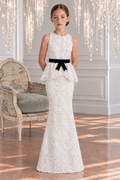 The Celine Gown - White Lace Peplum Maxi Dress with Velvet Bow