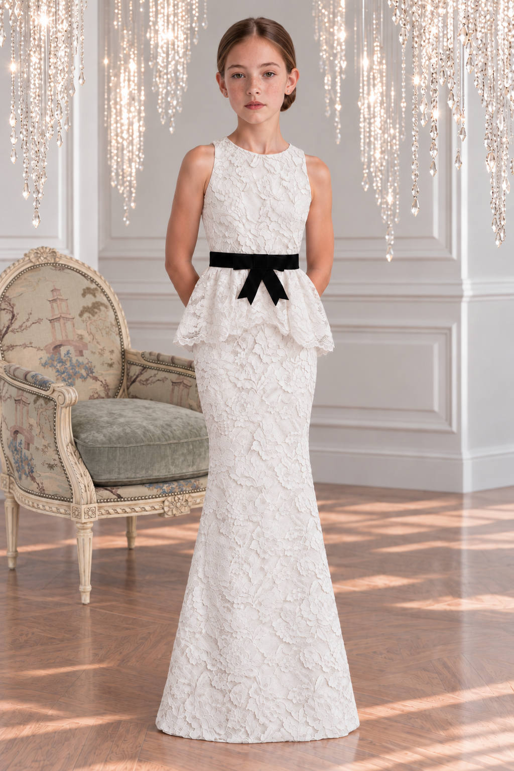 The Celine Gown - White Lace Peplum Maxi Dress with Velvet Bow