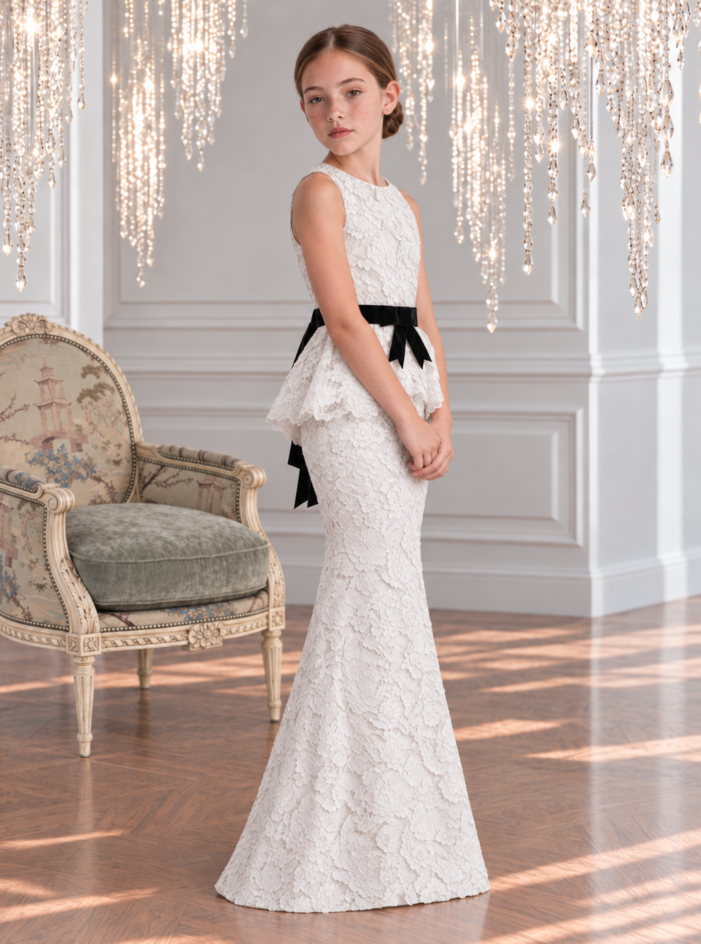 The Celine Gown - White Lace Peplum Maxi Dress with Velvet Bow