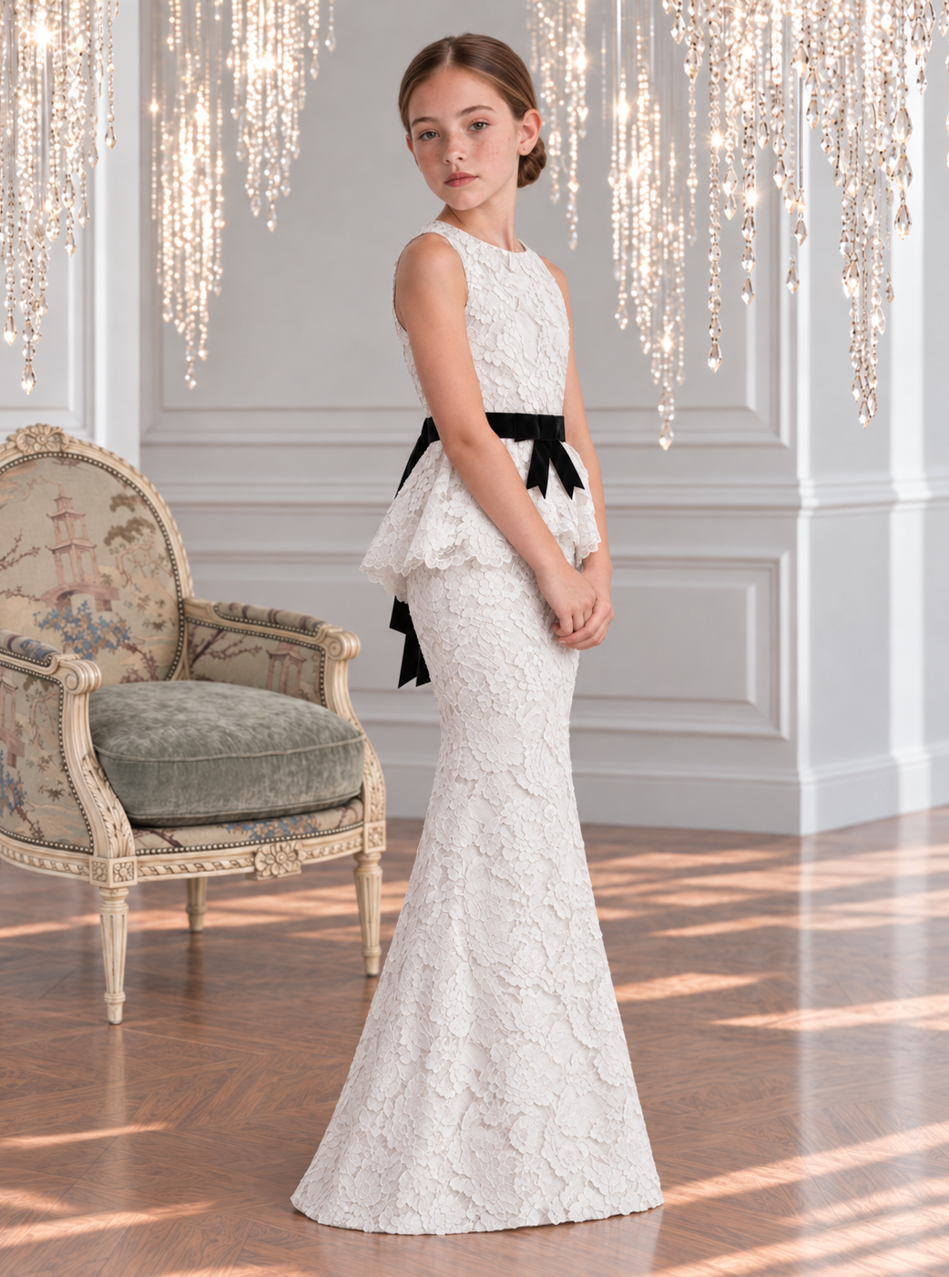 The Celine Gown - White Lace Peplum Maxi Dress with Velvet Bow
