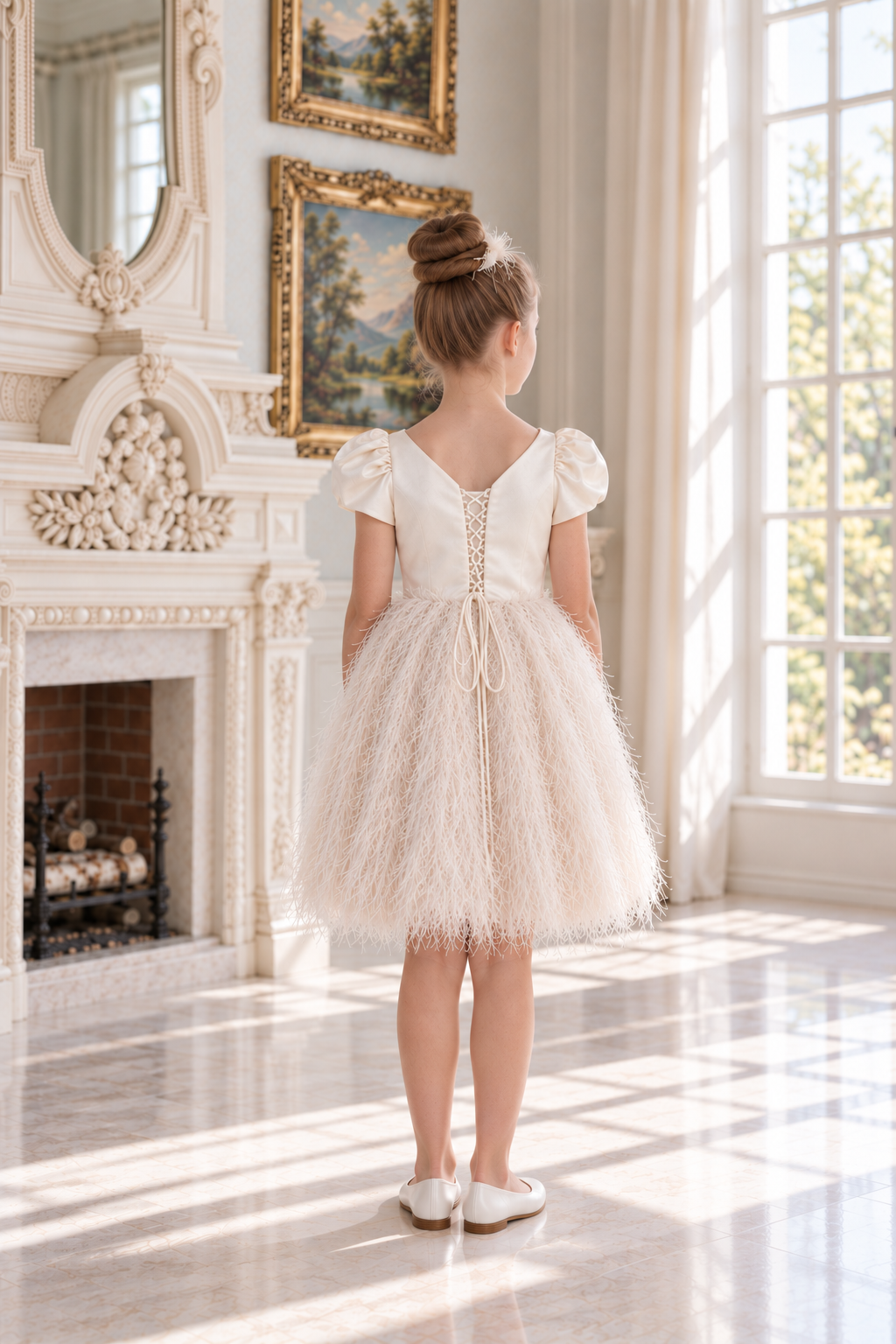 The Penelope Lace-Back Satin & Feather Dress