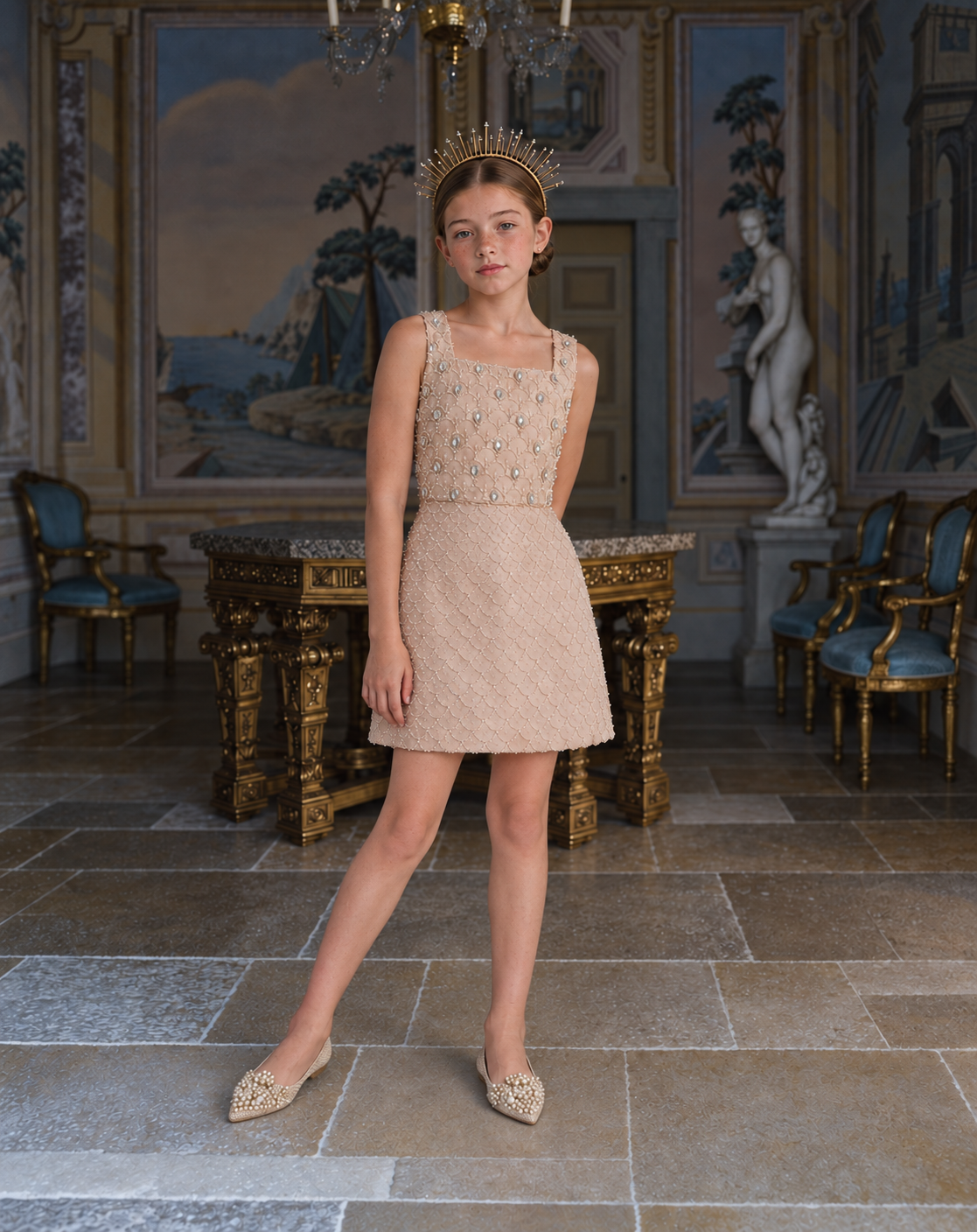 The Genevieve Dress - Champagne Square-Neck Party Gown with Crystals